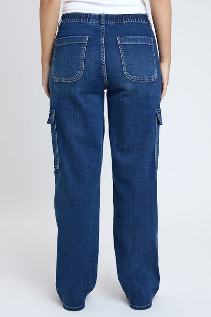 Women's Elastic Waist Straight Cargo Jean in N Indigo Blue view 5 - Comfort Stretch - Womens Elastic Jeans (bottom)