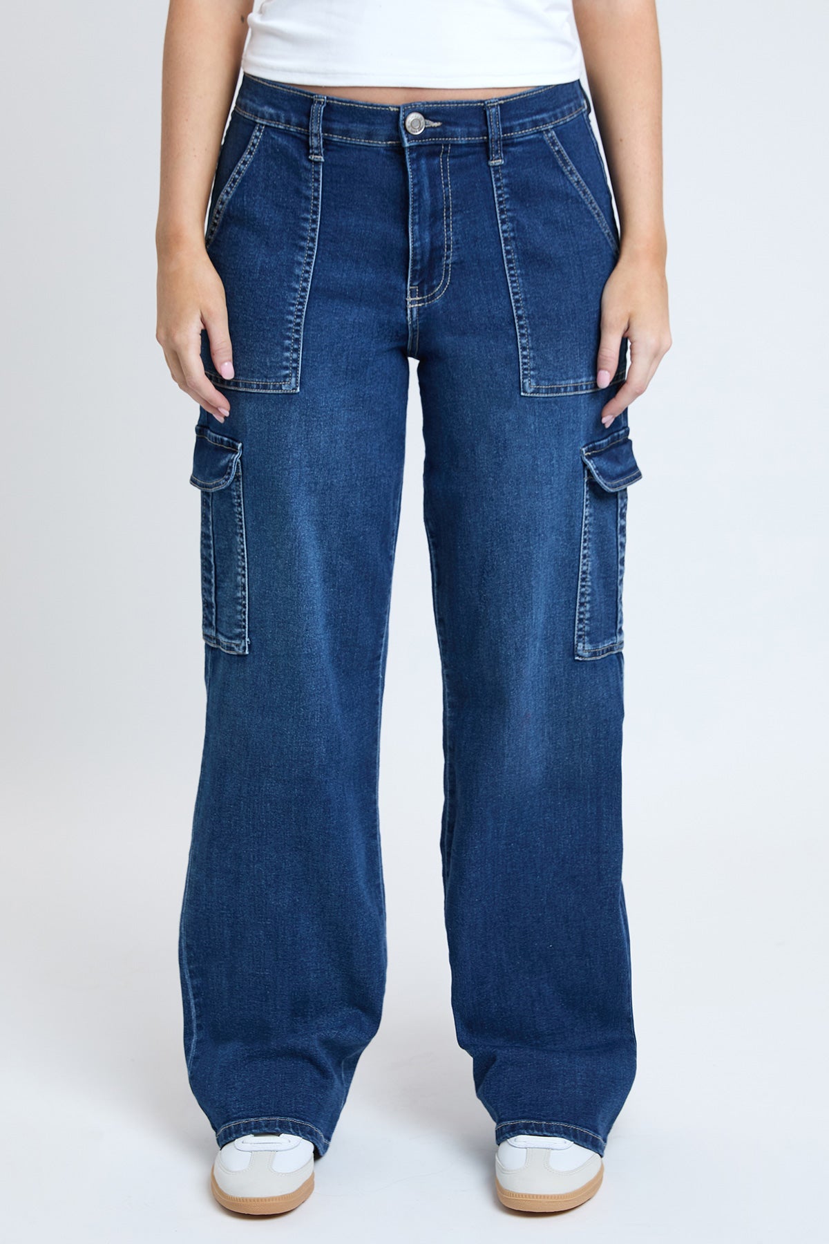 Women's Elastic Waist Straight Cargo Jean in S Midnight Sky Blue view 3 - Comfort Stretch - Womens Elastic Jeans
