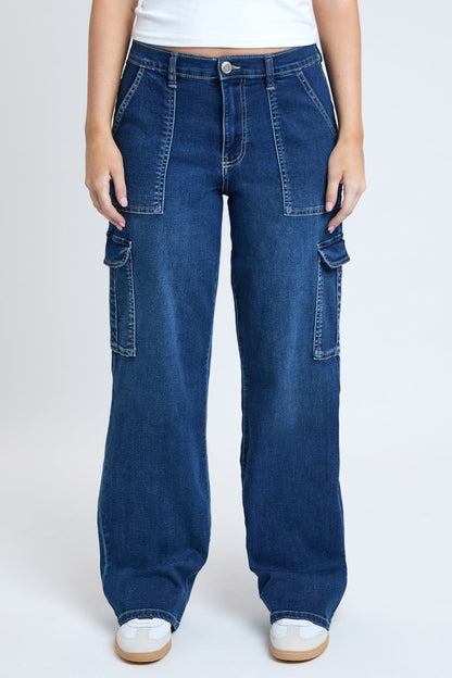 Women's Elastic Waist Straight Cargo Jean in S Midnight Sky Blue view 3 - Comfort Stretch - Womens Elastic Jeans