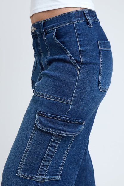 Women's Elastic Waist Straight Cargo Jean in S Midnight Sky Blue view 4 - Comfort Stretch - Womens Elastic Jeans