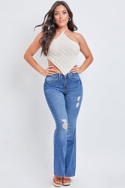 Women's Essential Flare Jeans - Long Inseam in E Royal Blue Rips view 10 - Women'S Essential Jeans (bottom)