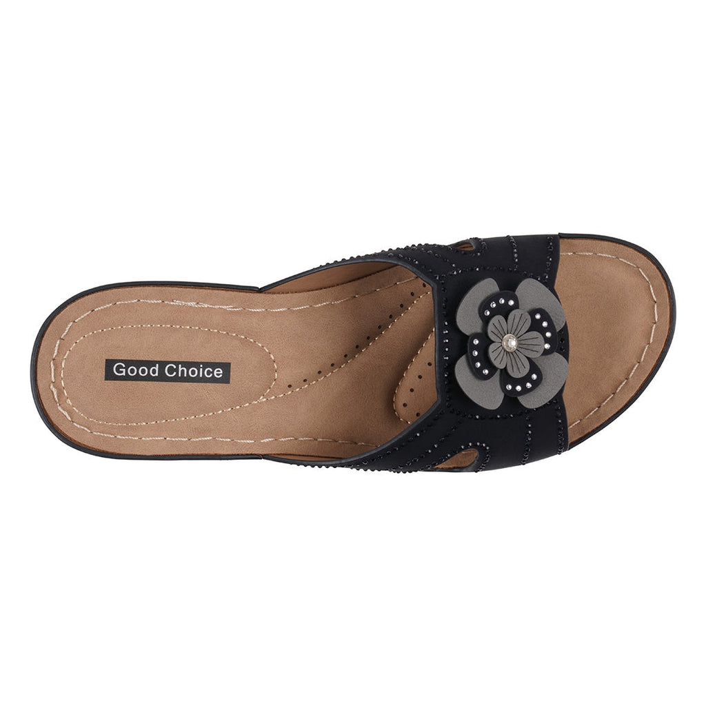 Women's Fiora Black Floral Wedge Sandals Black view 2 (shoe) - wedge sandals, floral wedge sandals - shop at us.meeeshop