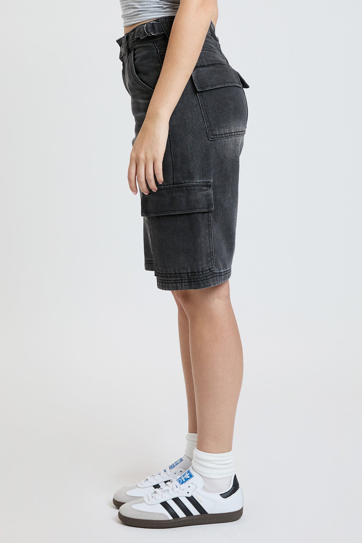 Women's High Rise Cargo Jort in CH Washed Black view 2 - High-Waisted - High Rise Shorts Women (bottom)
