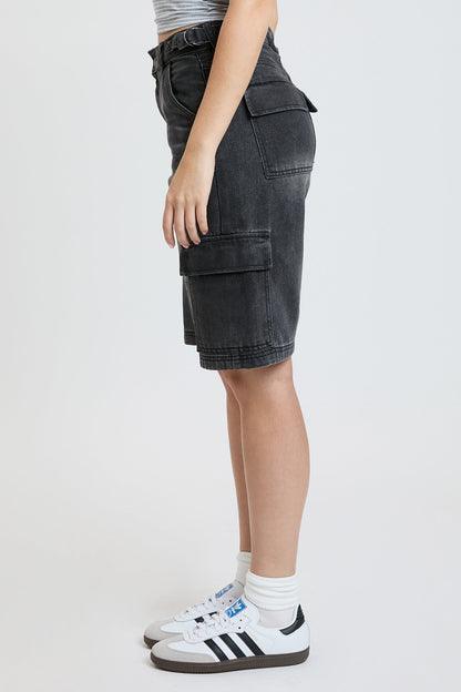 Women's High Rise Cargo Jort in CH Washed Black view 2 - High-Waisted - High Rise Shorts Women (bottom)