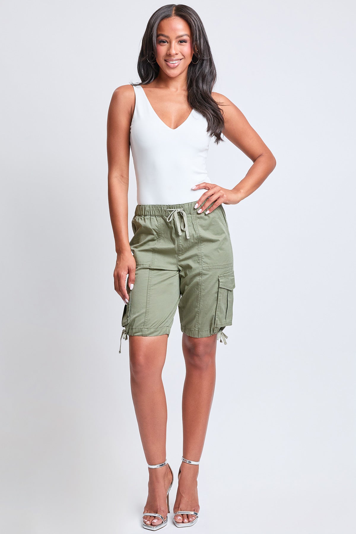 Women's High Rise Long Cargo Shorts in Green Tea - High-Waisted - Women'S High Shorts (bottom)