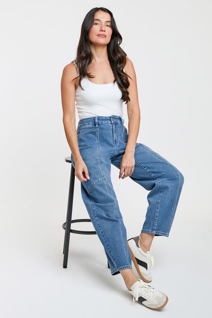 Women's High Rise Seamed Barrel Jeans in M Medium Blue view 6 - High-Waisted - Women High Jeans (bottom)