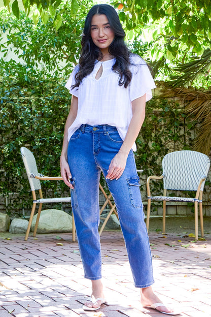 Women's High Rise Slim Straight Cargo Jeans in L Light Blue view 7 - High-Waisted - Women High Jeans (bottom)