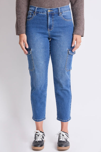 Women's High Rise Slim Straight Cargo Jeans in M Medium Blue view 2 - High-Waisted - Women High Jeans (bottom)
