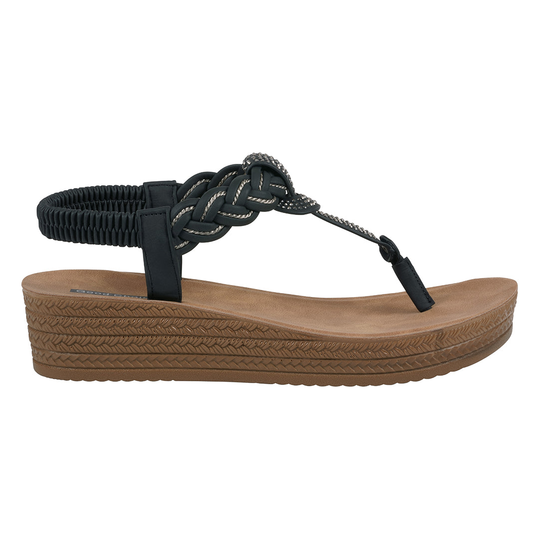 Women's Ivana Black Embellished Cross Strap Wedge Sandals Black view 2 (shoe) - wedge sandals, strap we - shop at us.meeeshop