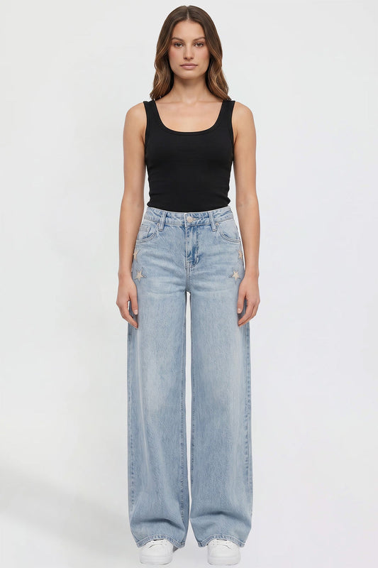Women's Joey Super Wide Leg Jeans with Star Patches in L Light Blue - Women'S Joey Jeans (bottom)