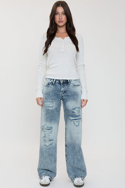 Women's Low Rise Wide Leg Rigid Jeans in C Sky Blue Rips - Women'S Low Jeans (bottom)