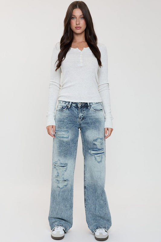 Women's Low Rise Wide Leg Rigid Jeans in C Sky Blue Rips - Women'S Low Jeans (bottom)