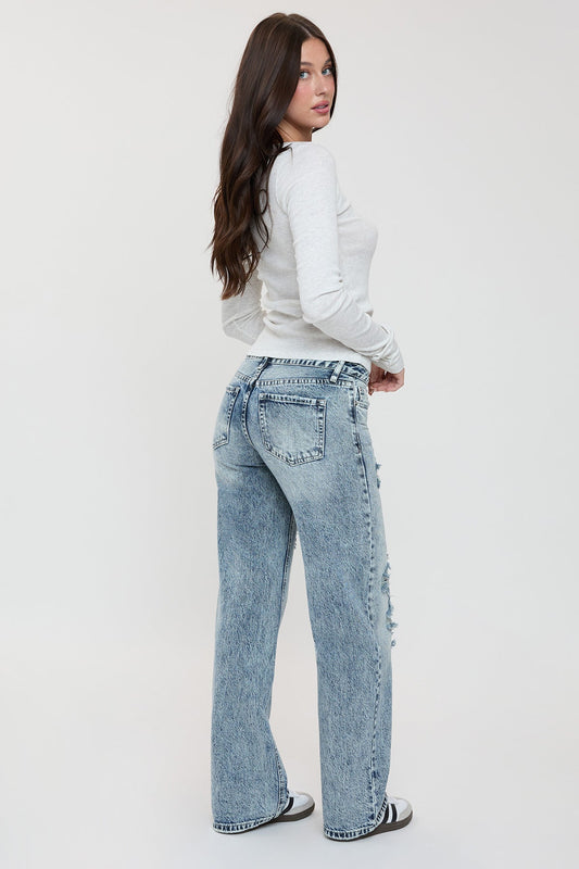 Women's Low Rise Wide Leg Rigid Jeans in C Sky Blue Rips view 2 - Women'S Low Jeans (bottom)