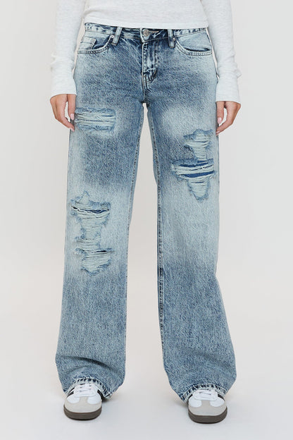 Women's Low Rise Wide Leg Rigid Jeans in C Sky Blue Rips view 3 - Women'S Low Jeans (bottom)