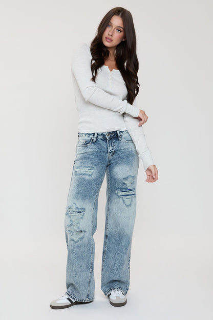 Women's Low Rise Wide Leg Rigid Jeans in C Sky Blue Rips view 6 - Women'S Low Jeans (bottom)