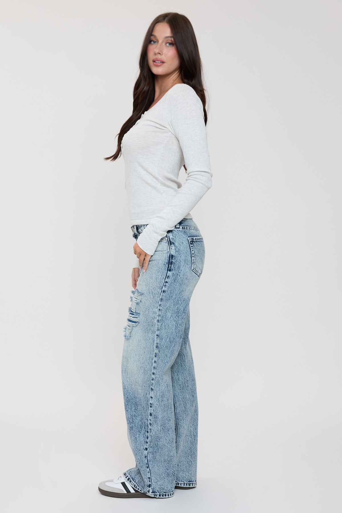 Women's Low Rise Wide Leg Rigid Jeans in C Sky Blue Rips view 7 - Women'S Low Jeans (bottom)