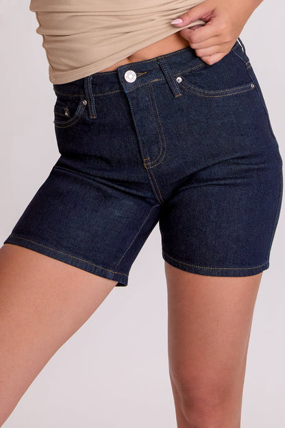 Women's Luxe High Rise Long Denim Shorts in D Dark Blue view 15 - High-Waisted - Women'S Luxe Shorts (bottom)
