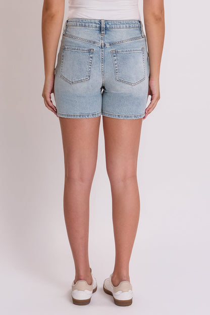 Women's Luxe High Rise Long Denim Shorts in Q Celeste Blue view 4 - High-Waisted - Women'S Luxe Shorts (bottom)