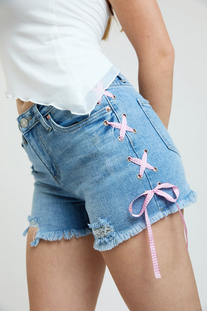 Women's Luxe High Rise Shorts with Lace up Detail in C Sky Blue view 6 - High-Waisted - Lady Luxe Detailing (bottom)