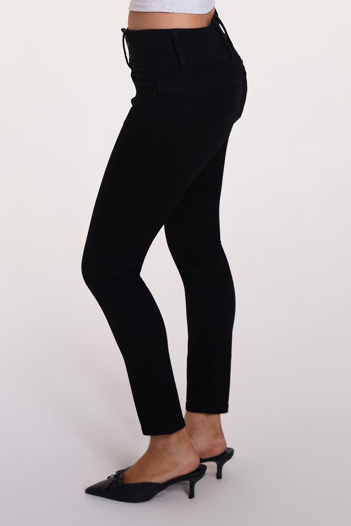 Women's Luxe Mid Rise 3-button Wannabettabutt Skinny Jeans in W Black view 10 - Women'S Luxe Jeans (bottom)