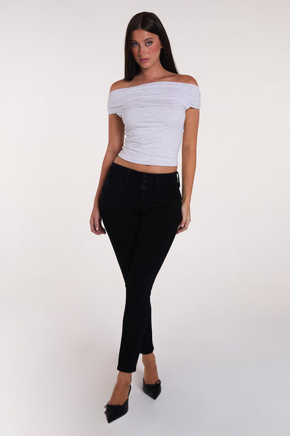 Women's Luxe Mid Rise 3-button Wannabettabutt Skinny Jeans in W Black view 12 - Women'S Luxe Jeans (bottom)