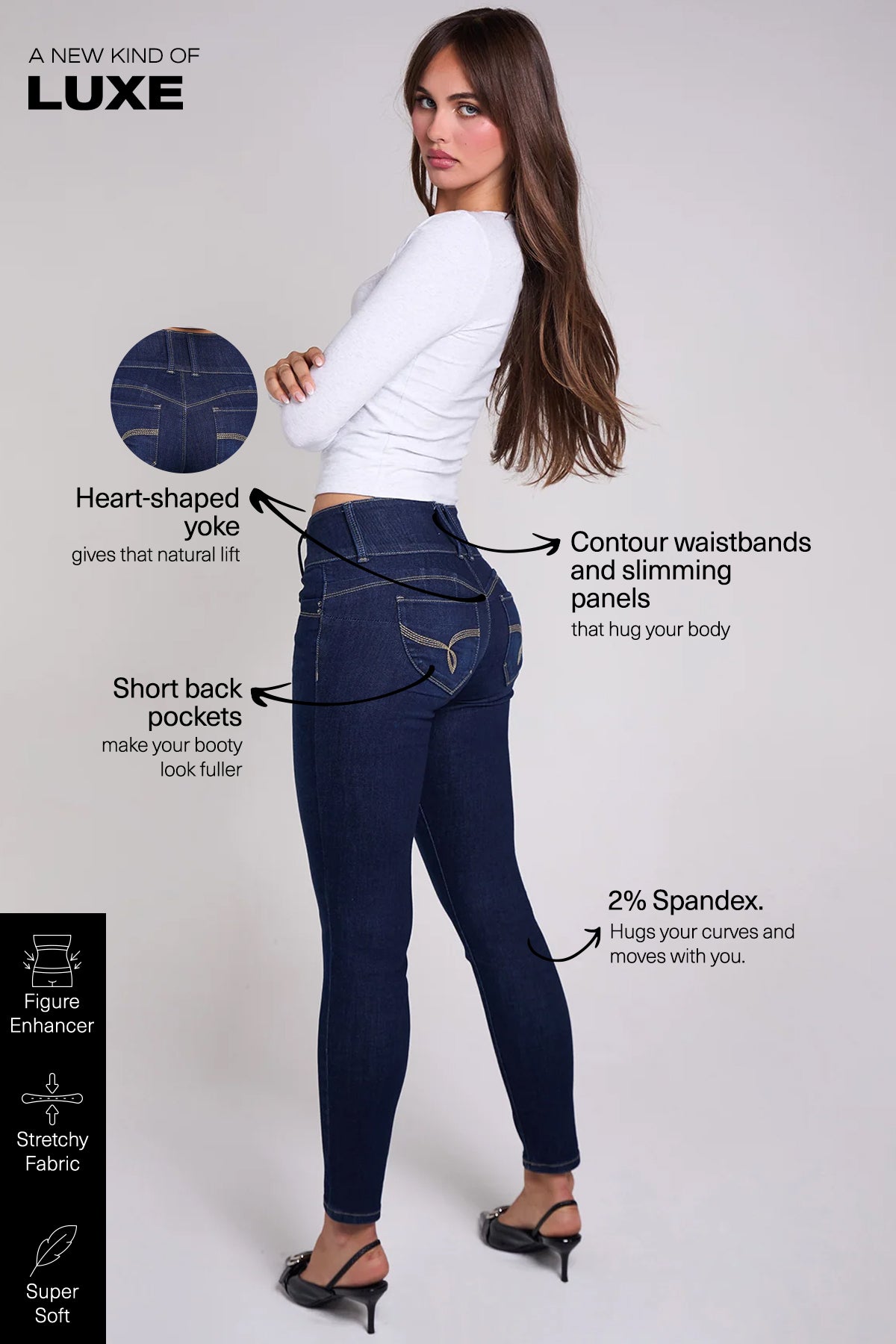 Women's Luxe Mid Rise 3-button Wannabettabutt Skinny Jeans in W Black view 13 - Women'S Luxe Jeans (bottom)