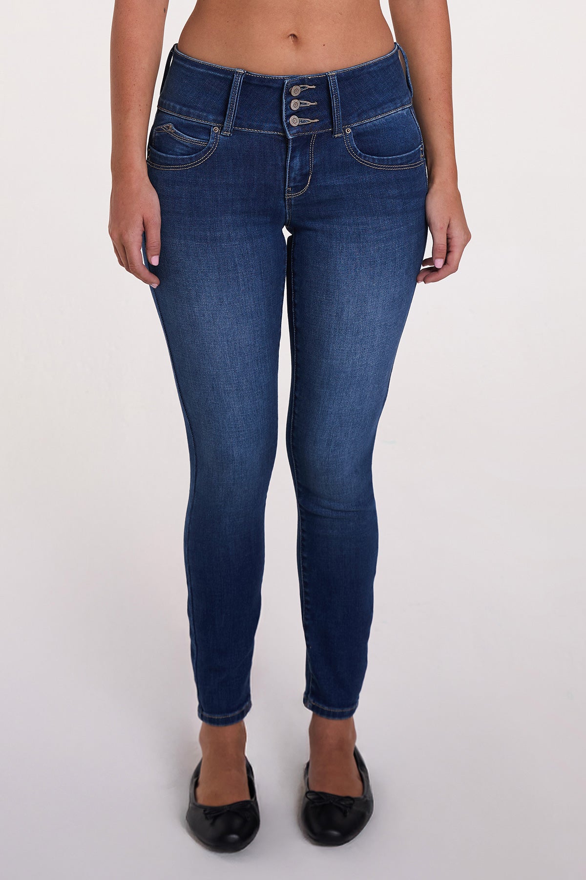 Women's Luxe Mid Rise 3-button Wannabettabutt Skinny Jeans in M Medium Blue view 3 - Women'S Luxe Jeans (bottom)