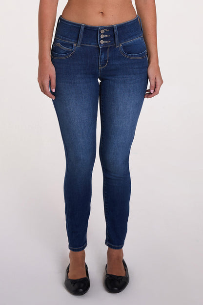 Women's Luxe Mid Rise 3-button Wannabettabutt Skinny Jeans in M Medium Blue view 3 - Women'S Luxe Jeans (bottom)