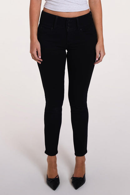 Women's Luxe Mid Rise 3-button Wannabettabutt Skinny Jeans in W Black view 9 - Women'S Luxe Jeans (bottom)