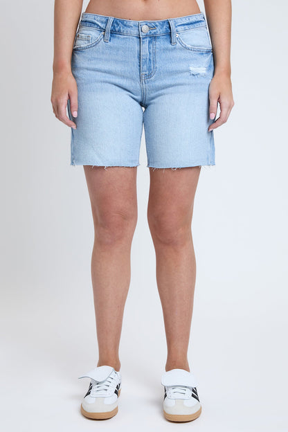 Women's Luxe Mid Rise Long Short with Raw Hem in L Light Blue Rips view 2 (bottom)