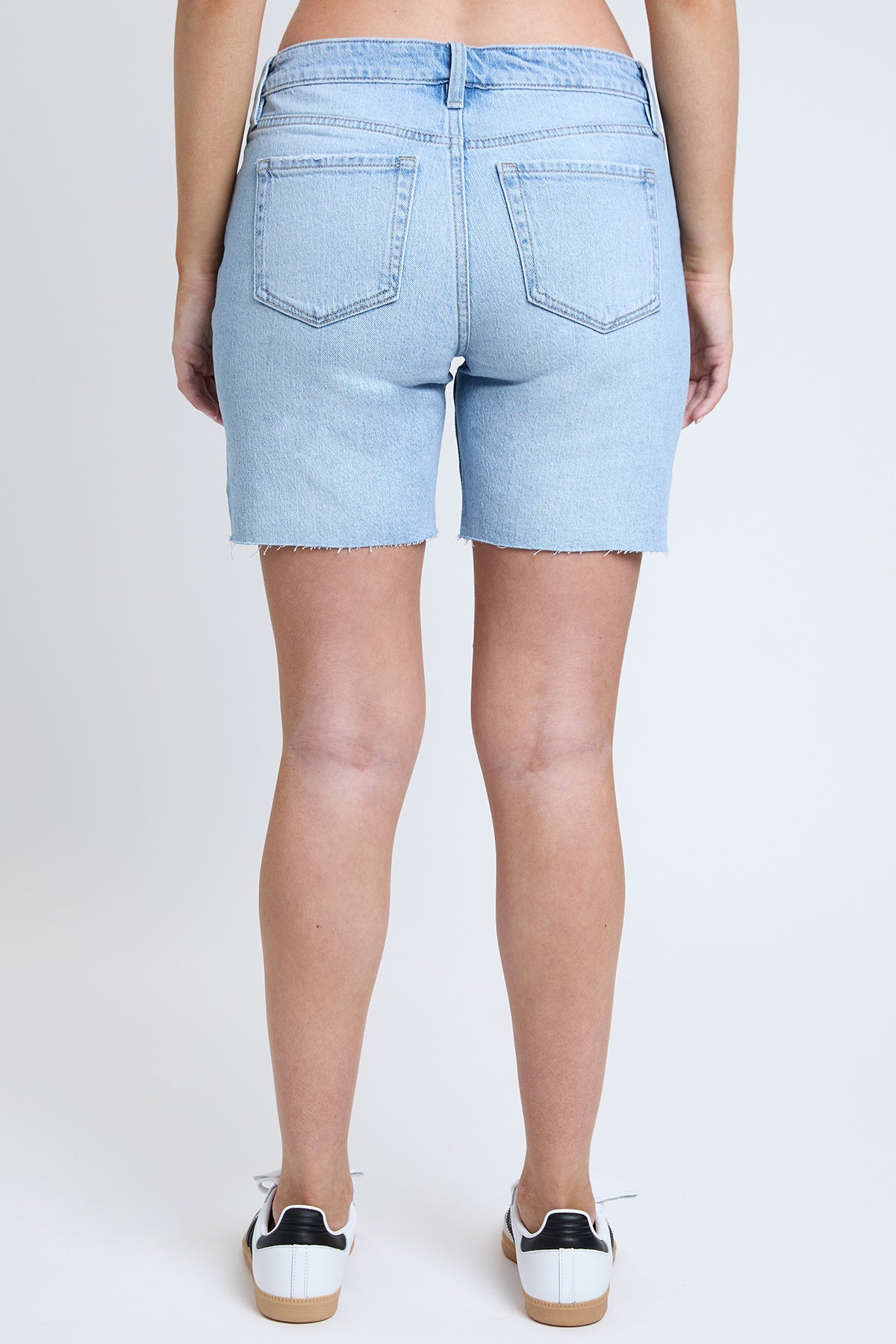 Women's Luxe Mid Rise Long Short with Raw Hem in L Light Blue Rips view 4 (bottom)