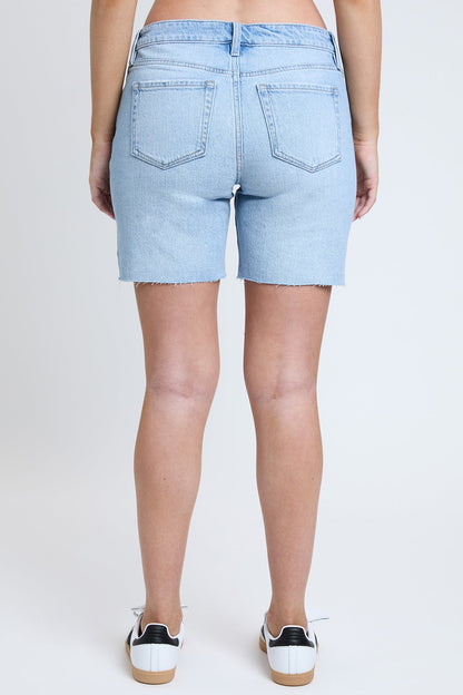 Women's Luxe Mid Rise Long Short with Raw Hem in L Light Blue Rips view 4 (bottom)