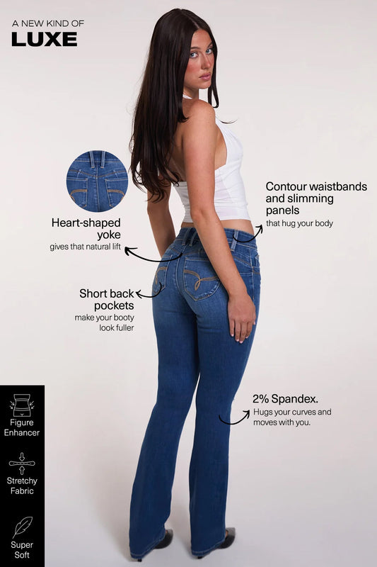 Women's Luxe Mid Rise Wannabettabutt Bootcut Jeans in M Medium Blue Rips view 2 - Women'S Luxe Jeans (bottom)