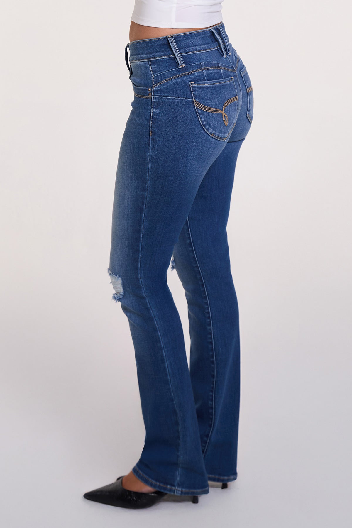 Women's Luxe Mid Rise Wannabettabutt Bootcut Jeans in M Medium Blue Rips view 4 - Women'S Luxe Jeans (bottom)