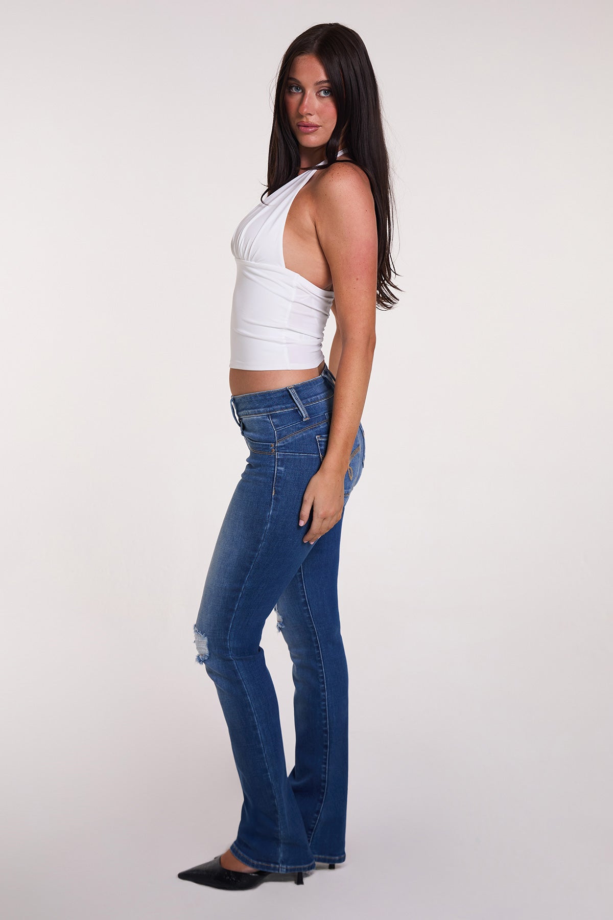 Women's Luxe Mid Rise Wannabettabutt Bootcut Jeans in M Medium Blue Rips view 6 - Women'S Luxe Jeans (bottom)