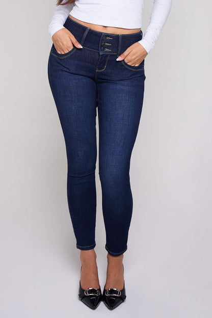 Women's Mid Rise 3-button Wannabettabutt Skinny Jeans in D Dark Blue view 3 - Mid Women'S Jeans (bottom)
