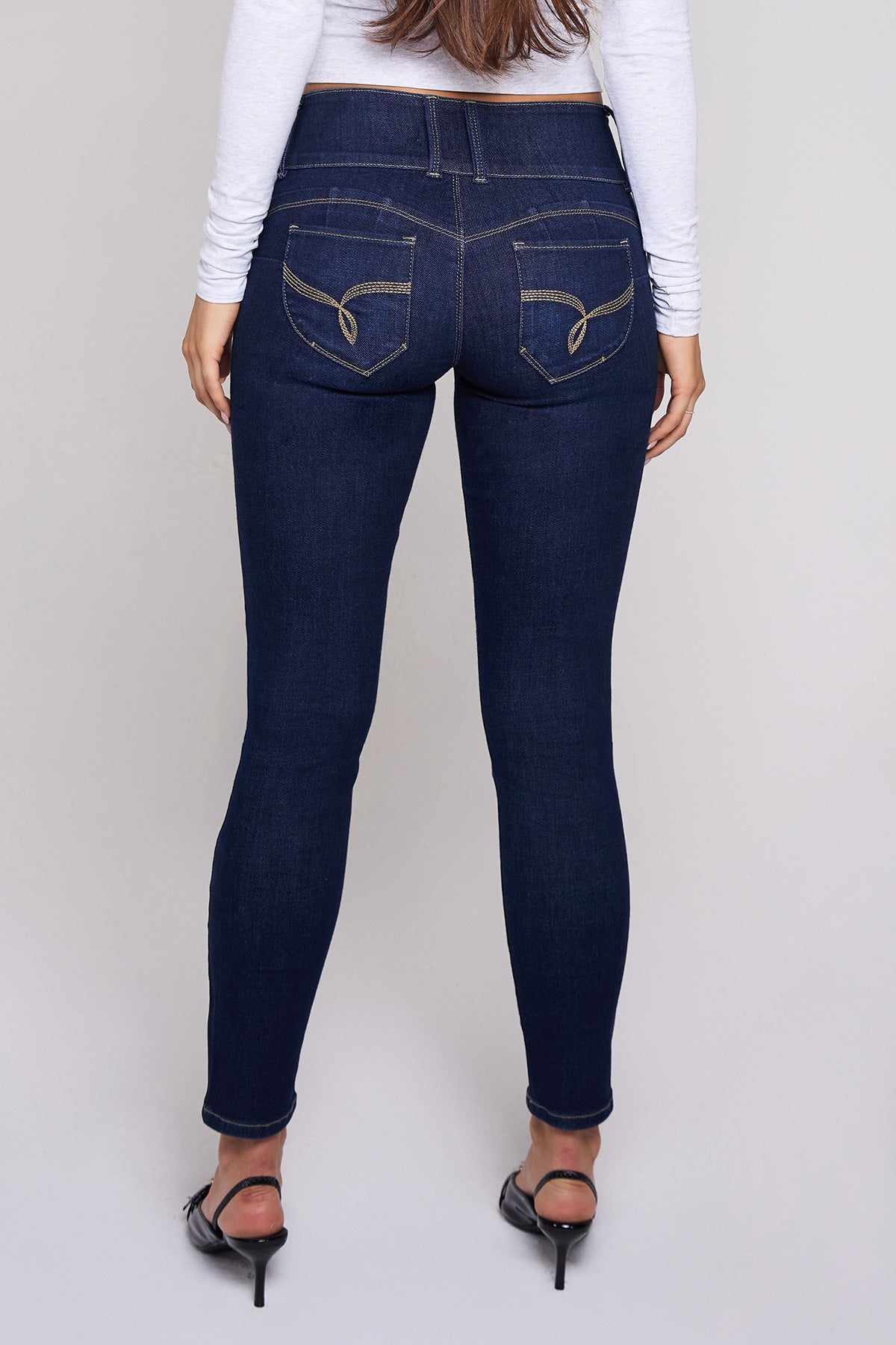 Women's Mid Rise 3-button Wannabettabutt Skinny Jeans in D Dark Blue view 5 - Mid Women'S Jeans (bottom)
