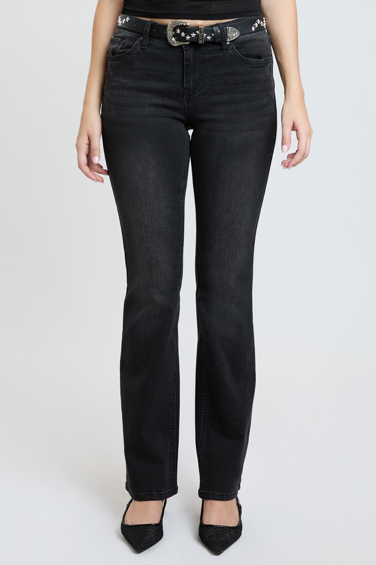 Women's Mid Rise Belted Bootcut Jeans in Black view 2 - Mid Women'S Jeans (bottom)