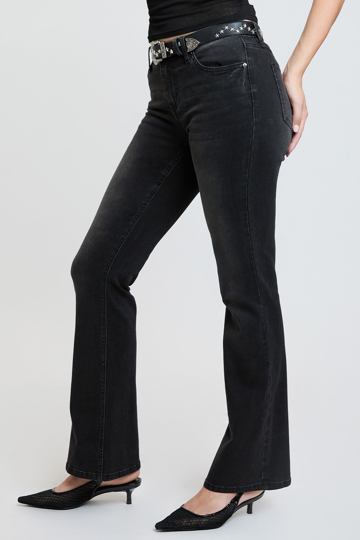 Women's Mid Rise Belted Bootcut Jeans in Black view 3 - Mid Women'S Jeans (bottom)