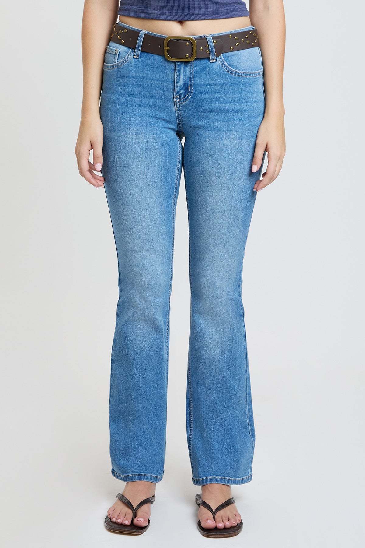 Women's Mid Rise Belted Bootcut Jeans in C Sky Blue view 2 - Mid Women'S Jeans (bottom)