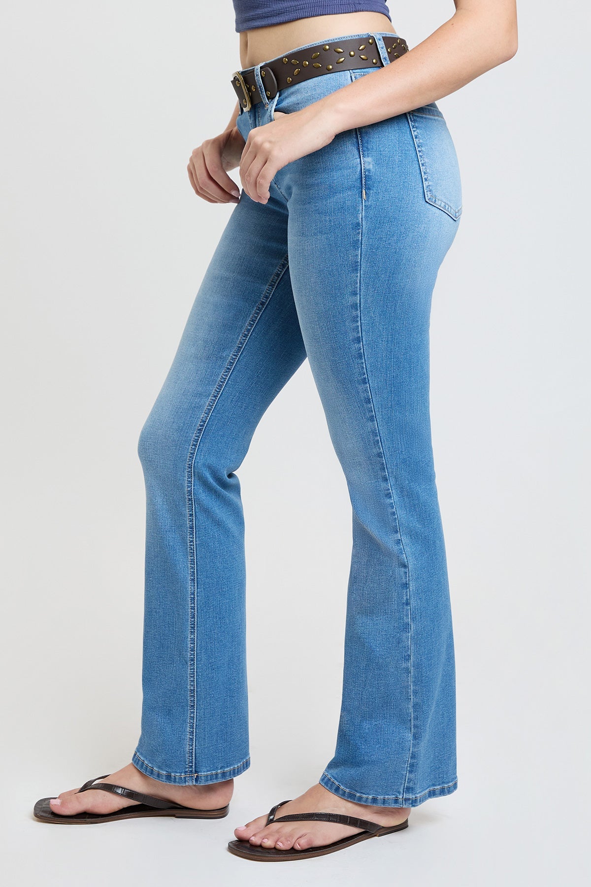 Women's Mid Rise Belted Bootcut Jeans in C Sky Blue view 3 - Mid Women'S Jeans (bottom)