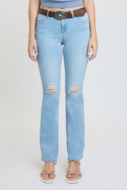 Women's Mid Rise Belted Bootcut Jeans in L Light Blue Rips view 2 - Mid Women'S Jeans (bottom)