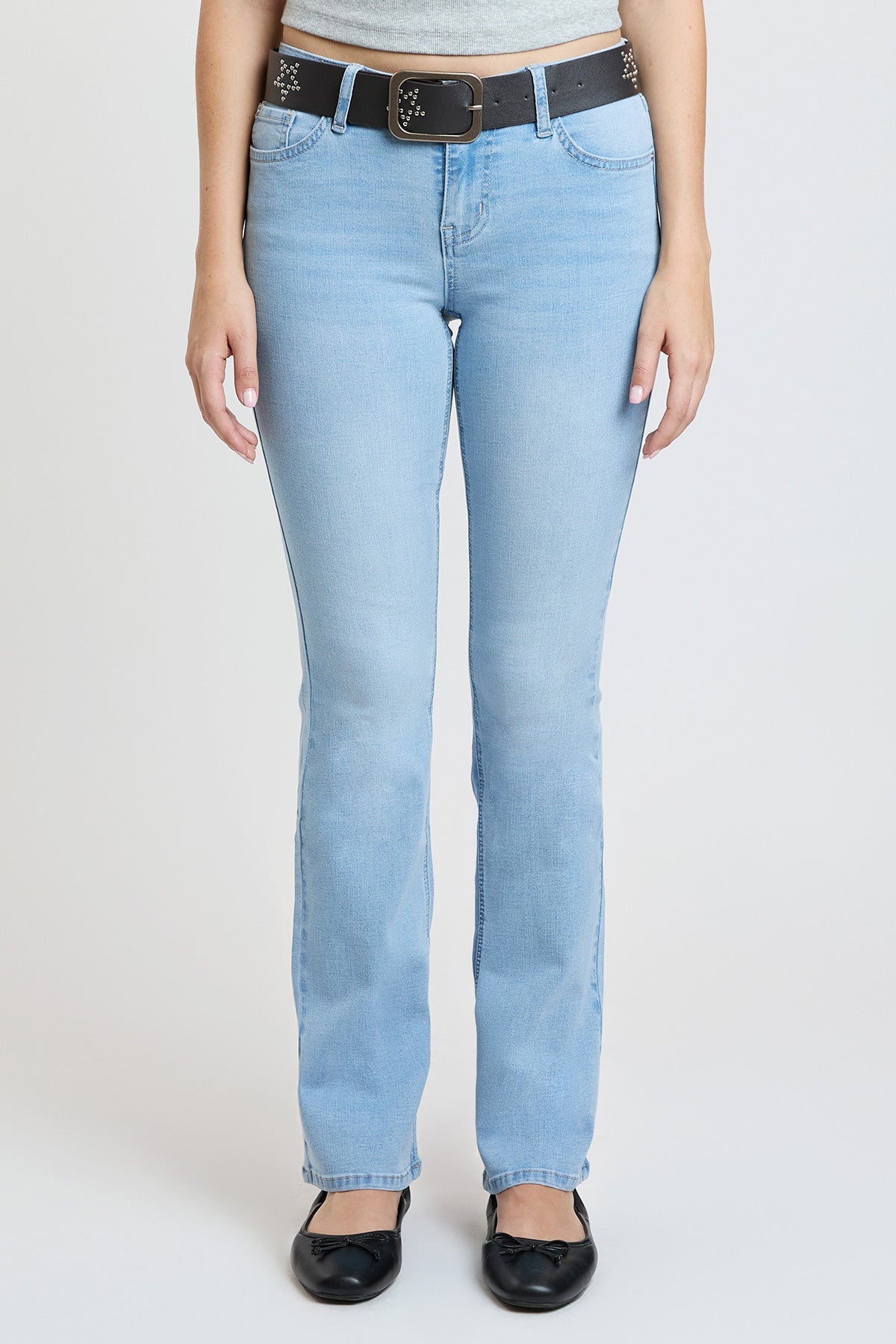 Women's Mid Rise Belted Bootcut Jeans in L Light Blue view 2 - Mid Women'S Jeans (bottom)