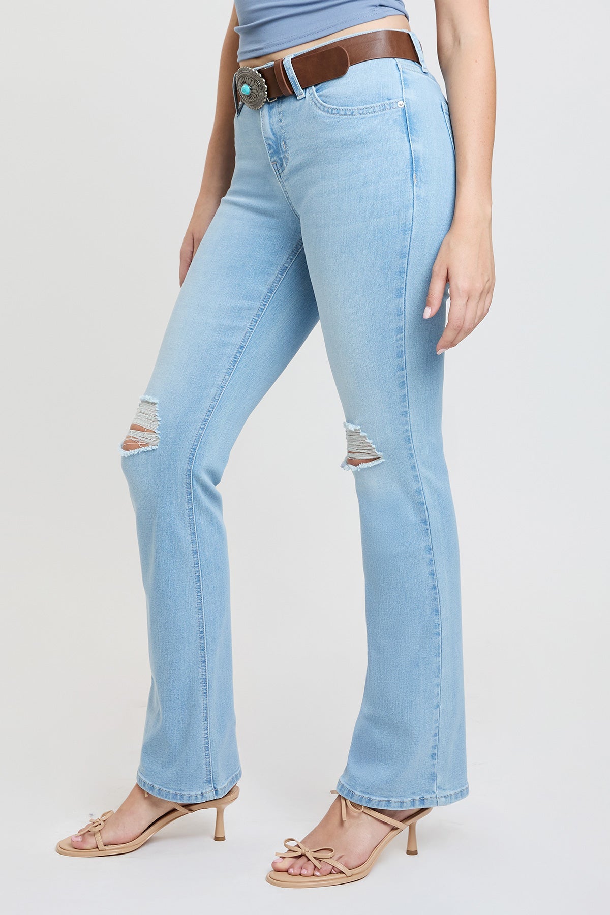 Women's Mid Rise Belted Bootcut Jeans in L Light Blue Rips view 3 - Mid Women'S Jeans (bottom)