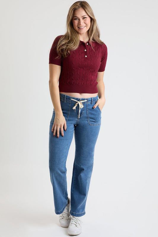 Women's Mid Rise Tie Front Wide Leg Jeans in M Medium Blue - Mid Women'S Jeans (bottom)