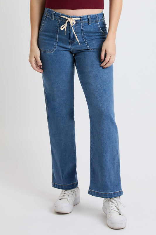 Women's Mid Rise Tie Front Wide Leg Jeans in M Medium Blue view 2 - Mid Women'S Jeans (bottom)
