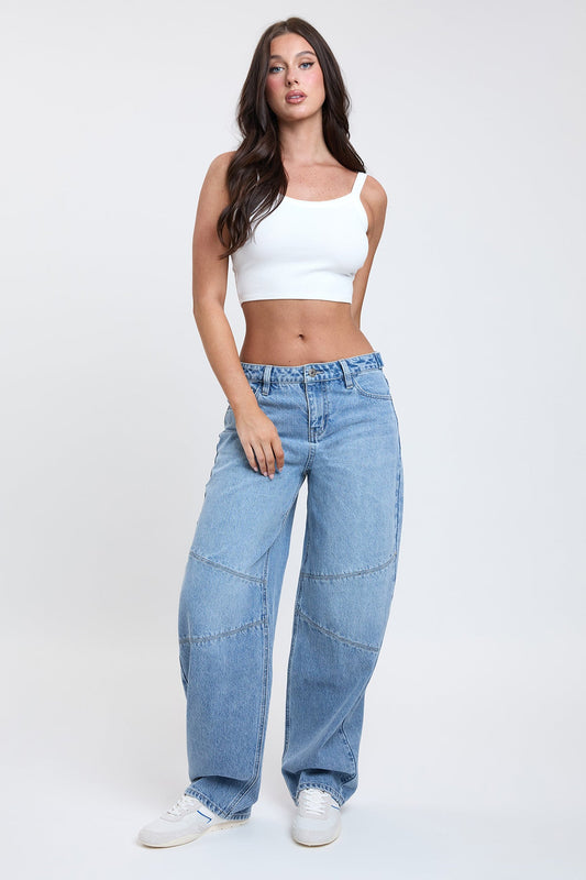 Women's Moto Relaxed Rise Baggy Barrel Jeans with Seam Detail in L Light Blue - Relaxed Fit - Womens Biker Jeans
