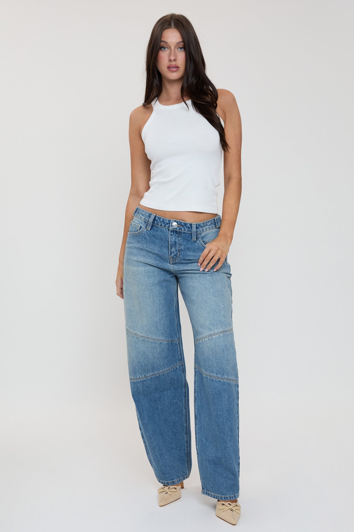 Women's Moto Relaxed Rise Baggy Barrel Jeans with Seam Detail in T Tinted Blue view 12 - Relaxed Fit - Womens Biker Jeans