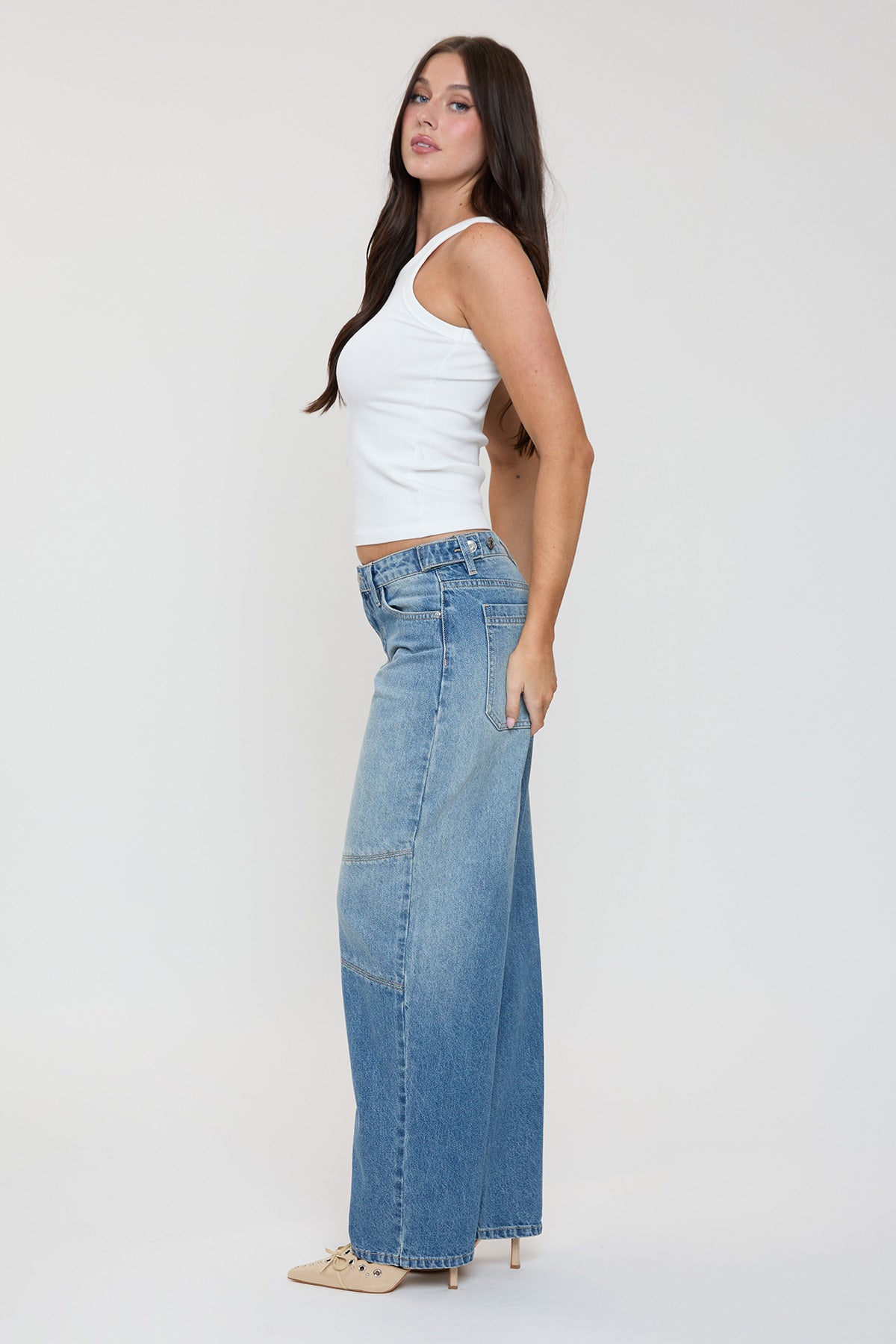 Women's Moto Relaxed Rise Baggy Barrel Jeans with Seam Detail in T Tinted Blue view 13 - Relaxed Fit - Womens Biker Jeans