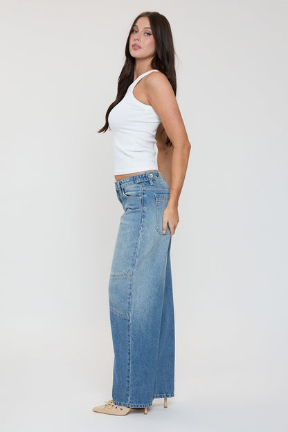 Women's Moto Relaxed Rise Baggy Barrel Jeans with Seam Detail in T Tinted Blue view 13 - Relaxed Fit - Womens Biker Jeans